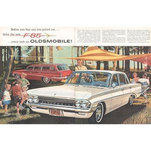 1961 Oldsmobile F-85 Sedan and Wagon 2 Page Vintage Print Ad Camping Trip Art